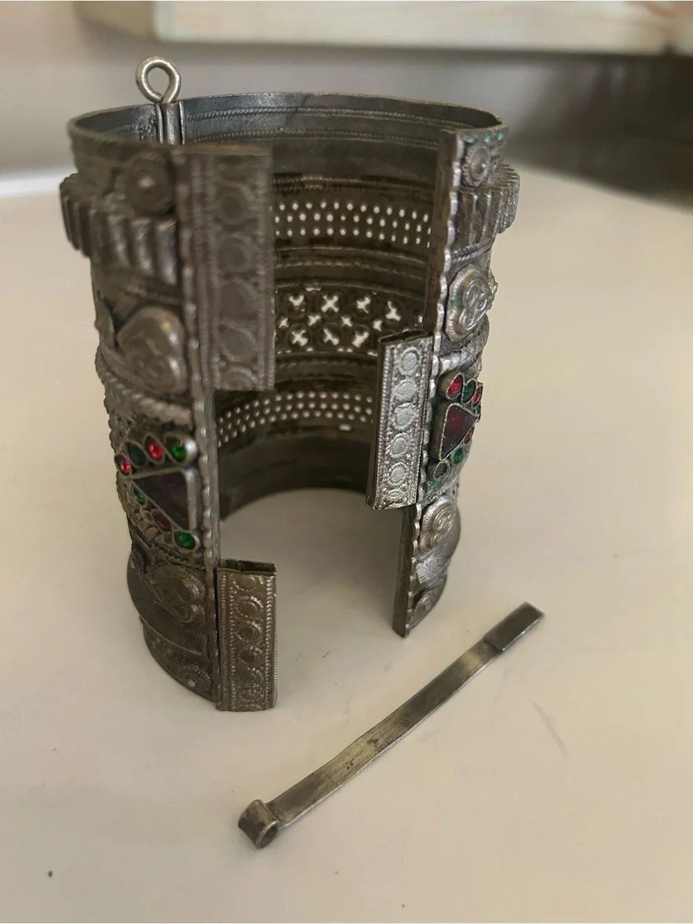 Ornate Silver-Tone Decorative Cuff with Red & Green Stones from India